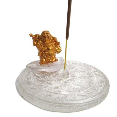Imagem de Incensário Buda em Resina Transparente Dourado 10cm - Buda da Fortuna 