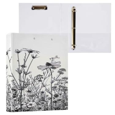 Imagem de ATTX Fichário com 3 anéis de flores pretas e brancas, 3 cm para papel tamanho carta, 21,6 cm x 28 cm, fichários com três anéis com prancheta para material de escritório #567