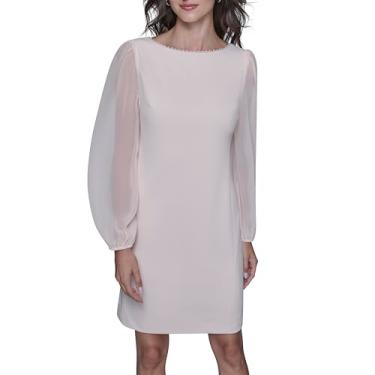 Imagem de Karl Lagerfeld Vestido feminino de crepe de mergulho com gola redonda e gola pérola, manga longa de chiffon, rosa, 36