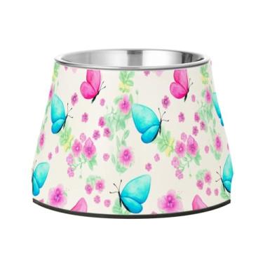 Imagem de SEHANY Tigelas de borboleta fofas para cães antiderrapantes de aço inoxidável com fundo de borracha para evitar tombamento, tigelas elevadas para comida e água quadriculadas para cães e gatos