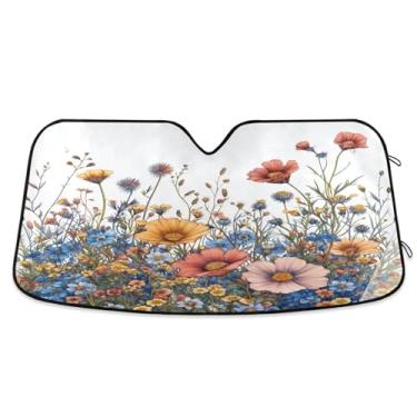 Imagem de ATTX Pára-brisas de carro colorido flores silvestres 139.7 cm x 70.1 cm Protetor solar universal com proteção UV, persiana de janela frontal automática dobrável para caminhões Sedans SUVs #651