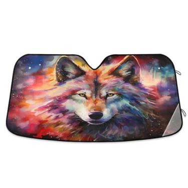 Imagem de ATTX Para-brisa de carro Lobo colorido 144.8 cm x 80.0 cm Escudo solar universal com proteção UV, persiana de janela frontal automática dobrável para caminhões Sedans SUVs #473