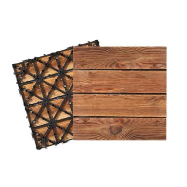 Imagem de Azulejos de piso interligados de madeira maciça, azulejos de deck com madeira de pinho carbonizada pátio de jardim para uso interno e externo em todos os climas 30 cm x 30 cm fácil de encaixar A1 11