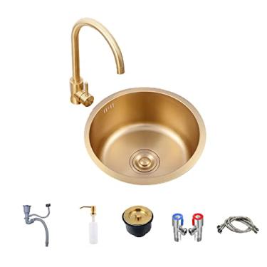 Imagem de HGTRH Pia Le KüChe Redonda, Pia de Pia Redonda, Pequena, Pia de Cozinha Conjunto Redondo, Pia de Aço Inoxidável Pia Embutida 1 Bacia, Pia Dourada Aço Inoxidável Pequeno Acampamento Pia Conjunto com