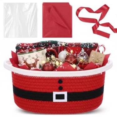Imagem de Zopeal Cesta de tecido de Natal com saco de presente, fita e papel de seda vermelho papai noel cesto vazio prateleira decorativa para presentes de Natal, 30,5 x 20,3 x 12,7 cm