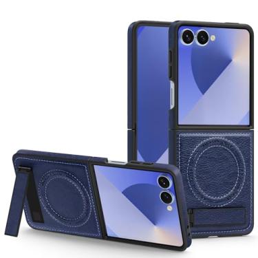 Imagem de Capa de couro com carregamento sem fio para Samsung Galaxy Z Flip 7 6 5 4 3 5g Zflip5 Zflip6 com suporte magnético (para Galaxy Z Flip5/Azul)