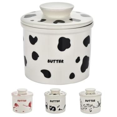 Imagem de Panela de manteiga de vaca – Manteiga de cerâmica estilo francês e manteiga com tampa, suporte de manteiga preto e branco para armazenamento na bancada, recipiente hermético para manteiga macia e