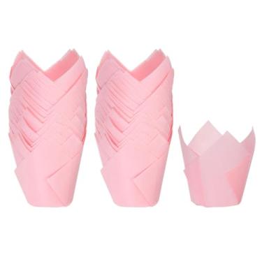 Imagem de HARFINGTON 100 peças de forros de cupcake de tulipa copos de papel padrão para assar embalagens à prova de gordura descartáveis para banquetes de aniversário, festa rosa
