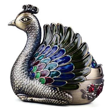 Imagem de K COOL Cinzeiro de metal pavão com tampa, cinzeiro portátil à prova de vento para uso interno ou externo, suporte de cinzas para fumantes, cinzeiro de mesa para decoração de recepção de varanda de pátio (bronze)