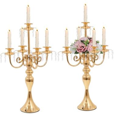 Imagem de Peça central de candelabro preto de 5 braços para mesa, castiçal de metal de 51,6 cm de altura para velas cônicas, centros de mesa góticos para mesas, casamento, festa, recepção (ouro, 2 peças)