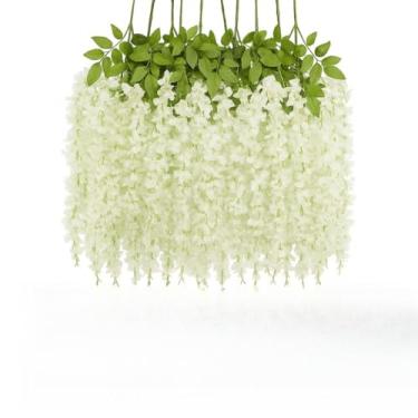 Imagem de Kit 12 Ramos de Flor de Cerejeira Artificial 110cm – Pendente com Galhos Longos para Decoração, Glicínia Rosa/Branca(Branco)