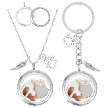 Imagem de DELORIGIN Colar de cinzas para animais de estimação, 2 peças, conjunto de chaveiros, medalhão de pelo de cachorro, joia com asa de coração de pata, colar de urna memorial para gatos, cães, mulheres