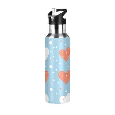 Imagem de Wassud Garrafa de água de aço inoxidável com corações e pontos garrafa de água esportiva com canudo isolado copo portátil de viagem 623 g
