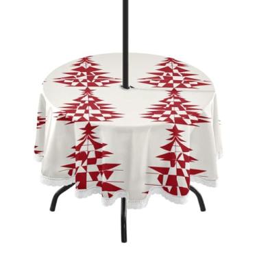 Imagem de CEBUGI Toalha de mesa redonda para uso ao ar livre, árvore de Natal, impermeável, com furo Umberlla, capa de mesa lavável para pátio, cozinha, sala de jantar, 152 cm