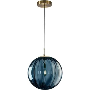Imagem de Luminária pendente moderna com globo grande, 1 lâmpada, vidro azul, para ilha de cozinha, estilo vintage, com vidro canelado, luminária pendente contemporânea dourada (9,8”).