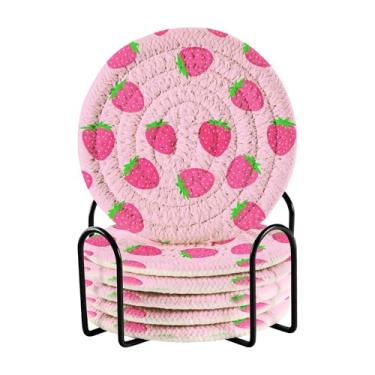 Imagem de SEHANY Conjunto de 6 porta-copos fofos de morango com suporte, porta-copos redondos absorventes de algodão resistente ao calor para mesa de jantar, canecas de café, proteção de copos, 10 cm