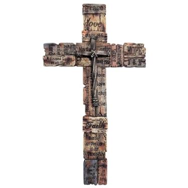 Imagem de Top Brass Cruz de parede inspiradora rústica com aparência de madeira com centro de ferro falso - Cruz de escritura de resina - Escultura artística de Jesus com dizeres religiosos