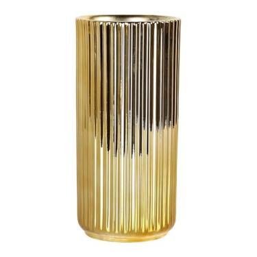 Imagem de predolo Vaso de cerâmica dourada para arranjos florais, vaso minimalista de cerâmica para decoração, suporte para plantas em formato de cilindro, ideal para, 11cmx24cm