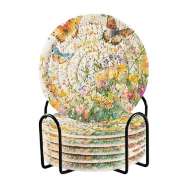 Imagem de SEHANY Elegante conjunto de 6 porta-copos de flores de borboleta com suporte, porta-copos redondos absorventes de algodão resistente ao calor para mesa de jantar, canecas de café, 10 cm