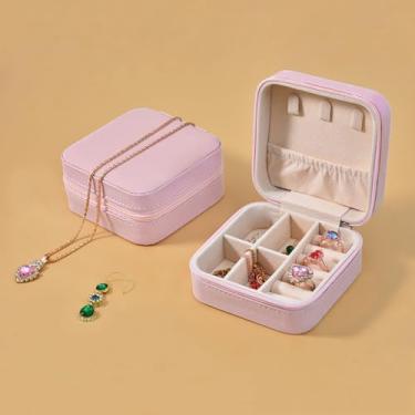 Imagem de 1 caixa de joias de couro portátil para viagem, mini estojo organizador compacto com compartimentos para anéis, brincos, colares, estojo de joias adequado para viagem, presente para mulheres (rosa)