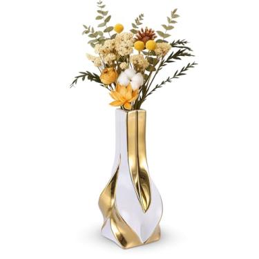 Imagem de Vaso de cerâmica branco e dourado de 27 cm, vaso de flores geométrico moderno para mesa de jantar, vaso decorativo elegante para grama dos pampas, sala de estar, quarto, escritório, decoração de mesa