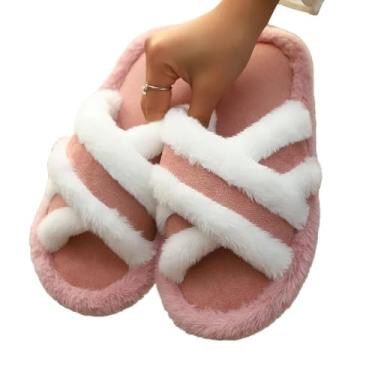 Imagem de Pantufa Chinelo Slide Confortável com Tiras Cruzadas em Pelúcia, Antiderrapante,Flexível Múltiplas Cores (Rosa, 35-36, BR, Adulto, Numérico, 36)
