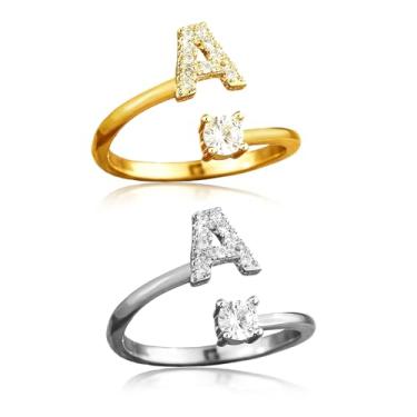 Imagem de ABJFJE Anéis femininos ajustáveis com letras prateadas douradas delicadas zircão cristal inicial empilhável anel moderno joia exclusiva presente 2 peças, Latão, Cristal