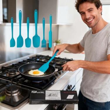 Imagem de Conjunto de 6 espátulas de borracha de silicone resistente ao calor, espátulas de cozinha, cozimento, mistura para panelas antiaderentes, lavável na lava-louças (Aqua Sky)