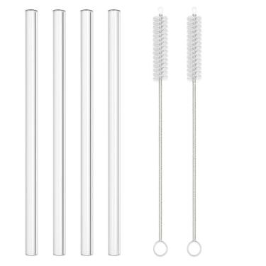 Imagem de Kit 4 Canudos de Vidro Reutilizáveis com Escova de Limpeza, 9 peças, 20 cm x 6 mm, Modelos Reto, Ideal para Drinks, Sucos e Smoothies, Duráveis e Sustentáveis (RETO)