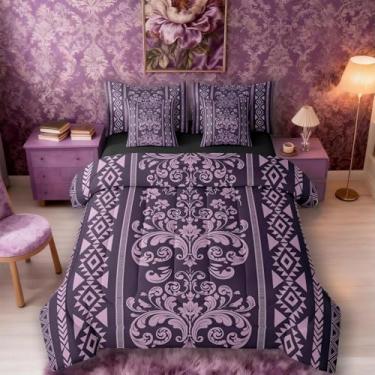 Imagem de Conjunto de edredom vitoriano king ocidental com lençol - conjunto de cama lilás damasco 7 peças boêmio geométrico asteca em uma bolsa, conjunto de cama gótica floral vintage barroco, decoração boho