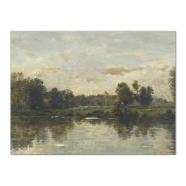 Imagem de CAXIYSH Pôster de paisagem de natureza floresta paisagem rústica de rio arte de parede com núcleo de casa de campo pintura a óleo para decoração de parede de apartamento de campo 30 x 40 cm sem