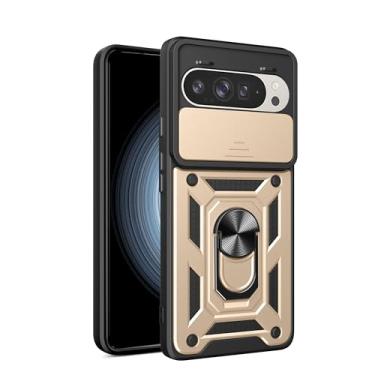 Imagem de RKINC Capa para Google Pixel 10 Pro XL com capa deslizante para câmera e anel giratório com suporte de grau militar à prova de choque com suporte magnético para carro, dourado