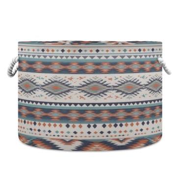 Imagem de JUZIHAI Cesta de armazenamento dobrável com padrão asteca, cesto de roupa suja, cobertor com alças de corda de algodão, caixa de brinquedos dobrável, organizador de armário para quarto, berçário, casa