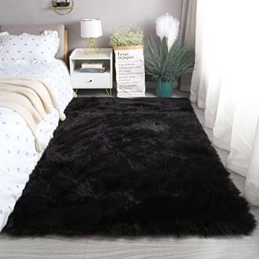 Imagem de CKLZSAY Tapete de pele de carneiro de pele sintética super macio e fofo tapete de área de pelúcia para quarto de criança almofada de sofá para sala de estar tapetes de cabeceira (preto, retângulo de 3