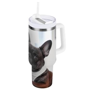 Imagem de ODAWA Copos com isolamento duplo grande com canudo e alça, copo de viagem com isolamento de cachorro fofo