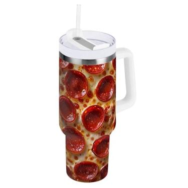 Imagem de ODAWA Copo grande com isolamento duplo de pizza, pepperoni com alça e canudo