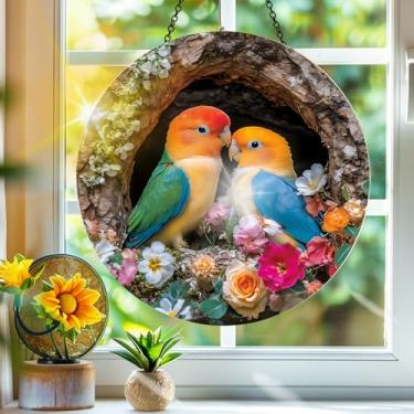 Imagem de Acrílico colorido, apanhadores de sol, decoração de janela pendurada com dois pássaros, arte de parede de arco-íris, para varanda, interior e exterior, jardim, enfeites de Natal, decoração 19 x 19 cm