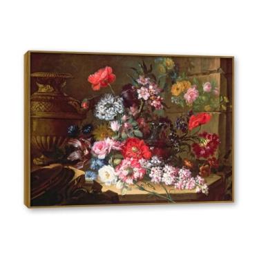 Imagem de NHLDZYH Moldura de teca. Impressão de flores vintage rústica, arte de parede em tela emoldurada floral clássica, decoração de cozinha de fazenda, pronta para pendurar. A25. 30 x 40 cm