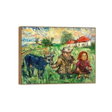 Imagem de David Burliuk Famosas impressões em tela de arte de parede prontas para pendurar. Casal velho com vaca. Pintura de moldura de madeira para decoração de sala de estar 50 x 65 cm 20 x 26 polegadas