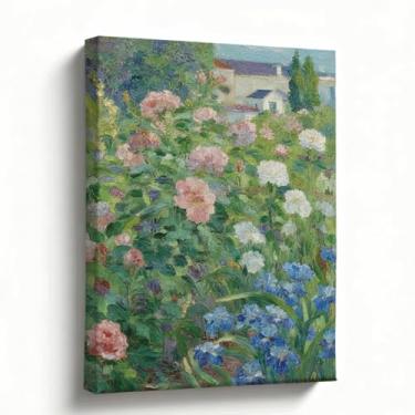 Imagem de Pintura a óleo de paisagem de flores de jardim, tela de flor de casa de campo, decoração chique gasto do país francês, arte de parede pastel neutro para quarto e sala de estar, ideia de presente