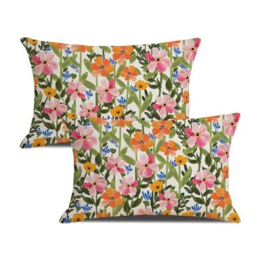 Imagem de yeshttdy Capas de almofada floral lombar primavera verão 30,5 x 50,8 cm conjunto de 2 capas de almofada decorativas florais para ambientes internos e externos para decoração de sofá e jardim