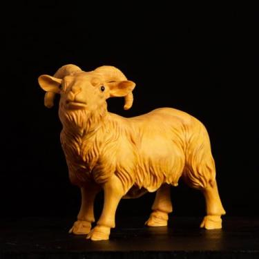 Imagem de FENNYYAR Estátua de cabra esculpida à mão de buxo, 7,5 cm 7,4 cm, decoração de casa, artesanato, madeira maciça, esculturas em madeira animal, enfeite de mascote