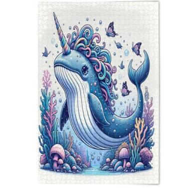 Imagem de Quebra-cabeça 1000 peças para adultos arte colorida animal bonito desenho animado unicórnio baleia azul difícil quebra-cabeça engraçado jogo de presentes tecnológicos, 1000 peças, 75 x 50 cm