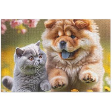 Imagem de Chow Chow Quebra-cabeça de gato fofo para adultos 1000 peças natureza família quebra-cabeça amantes presentes família quebra-cabeças arte arte animal impressão, 75 x 40 centímetros