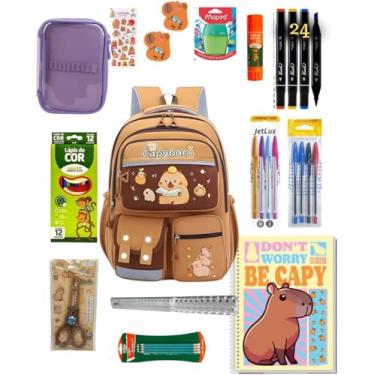 Imagem de Kit Material Escolar Infantil Completo Capybara – Mochila 6 Divisórias + Caderno 10 Matérias + Canetinhas, Lápis, Canetas e Acessórios – Volta às Aulas