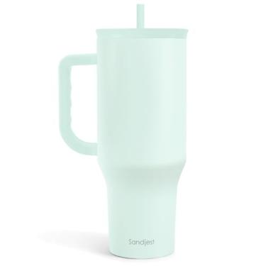 Imagem de SANDJEST Copo de menta de 1,134 g com alça e canudo, caneca de café de viagem de aço inoxidável isolado para mulheres e meninas, ideia de presente para aniversário, Natal, Dia das Mães