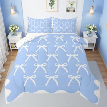 Imagem de Erosebridal Conjunto de cama de princesa azul com laço branco em aquarela para crianças, meninos, meninas, lindo, feminino, com laço e laço simples e estético, edredom