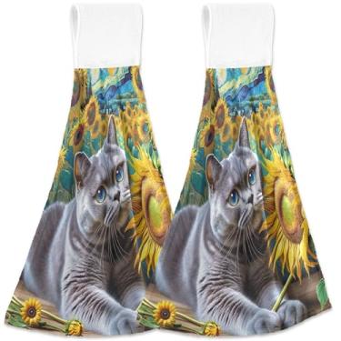 Imagem de TSENQUE British Shorthair Cat Girassóis para pendurar no outono, toalhas de mão, toalhas de forno, conjunto de 2, toalha de cozinha floral macia absorvente para decoração de casa, 46 x 35 cm