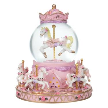 Imagem de Caixa de música carrossel giratório bola neve com luz cristal carregamento manual melodias bonitas mecanismo pequenos cavalos bonitos vidro resina festival meninas aniversário