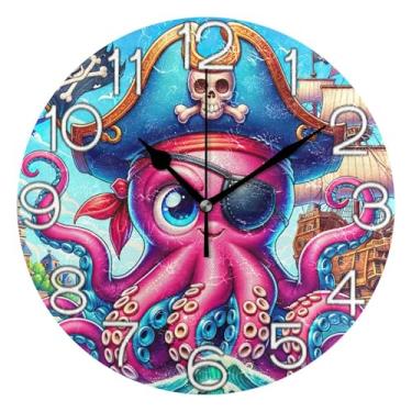 Imagem de GAIGEO Relógio de parede analógico decorativo divertido alimentado por bateria relógio de cozinha rústico, retrô moderno art déco decoração de parede bonito capitão de polvo, 25 cm, ponteiros pretos